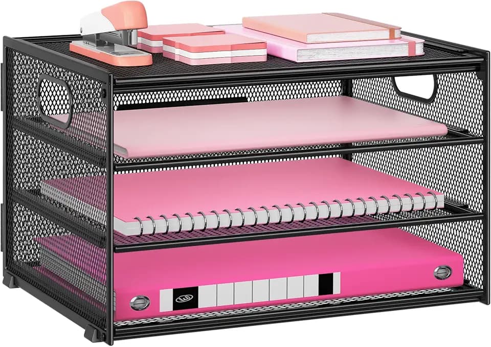 Lavatino 3-Tier Letter Tray Desk Organizer, Mesh Metal Paper File Tray Organizer for Desk, Office Supplies & Home Organization, Fits A4 Paper, Mail, Magazines & Office Accessories (Black with Handle)