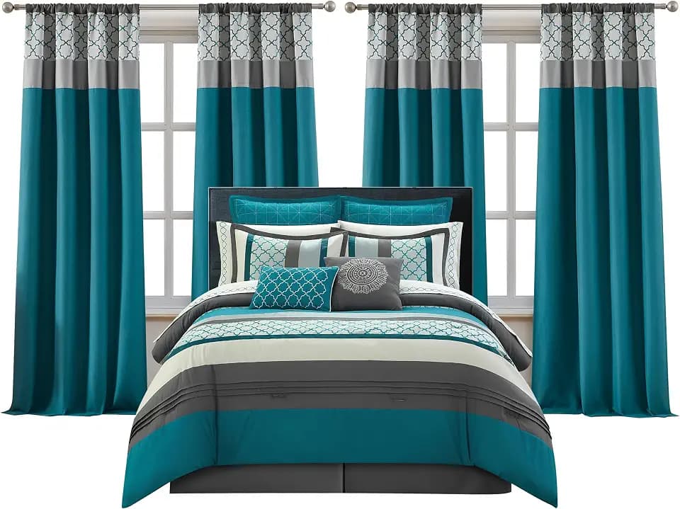 LANCO MODERN LIFESTYLE California King Comforter Set, Grey Bedding Set, Jacquard Woven with Geometry, 16 Pieces Room in a Bag, Sheets, Bedskirt, Pillow Shams and Cases, Decor Pillows and Curtains