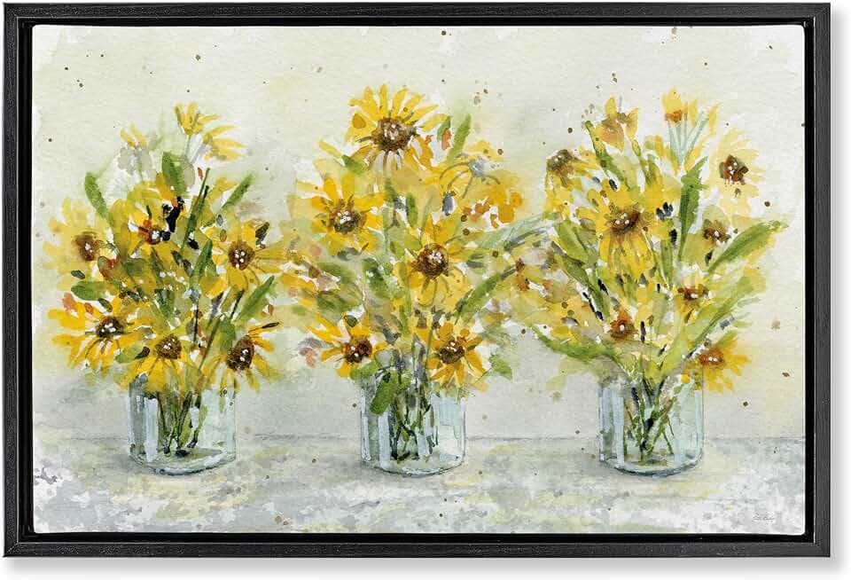 Sunflower Vase Still Life Floral, 20 x 30 Inch Canvas in Floater Frame