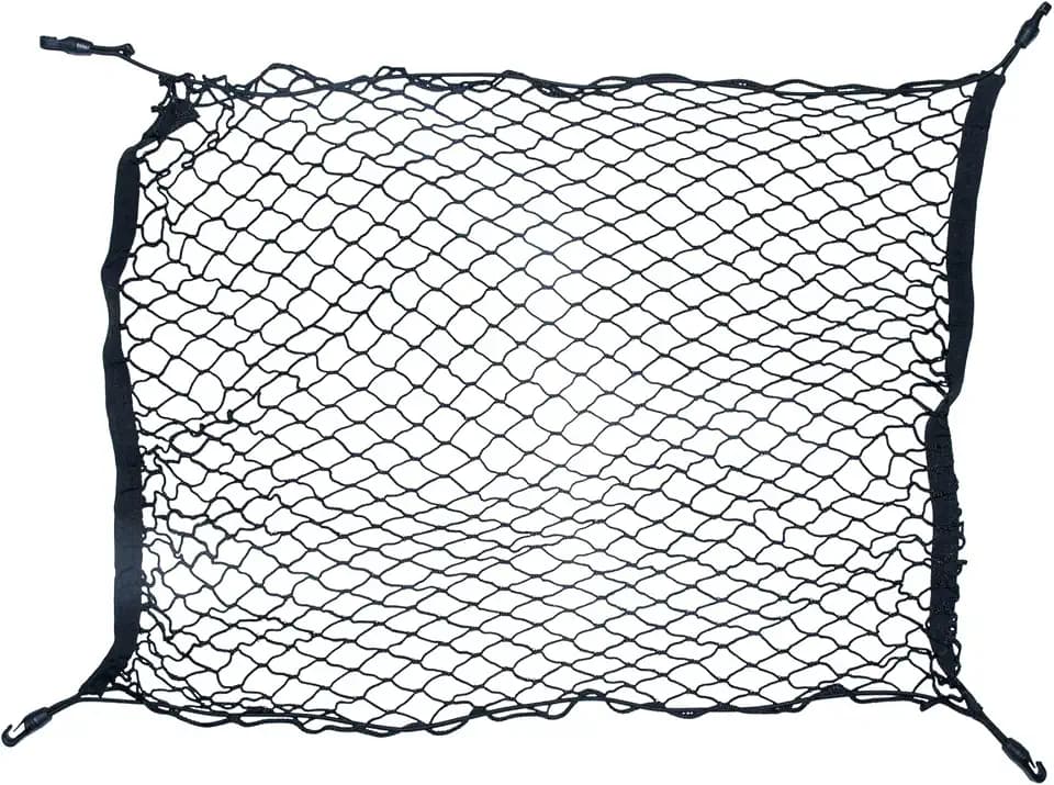 Connex Kofferraumnetz 70 x 90 cm – schwarz – Inklusive Elastikseil | Mit 4 praktischen Karabinerhaken – Robustes Gewebe aus Polypropylen – UV-beständig – Gepäcknetz zur Ladungssicherung
