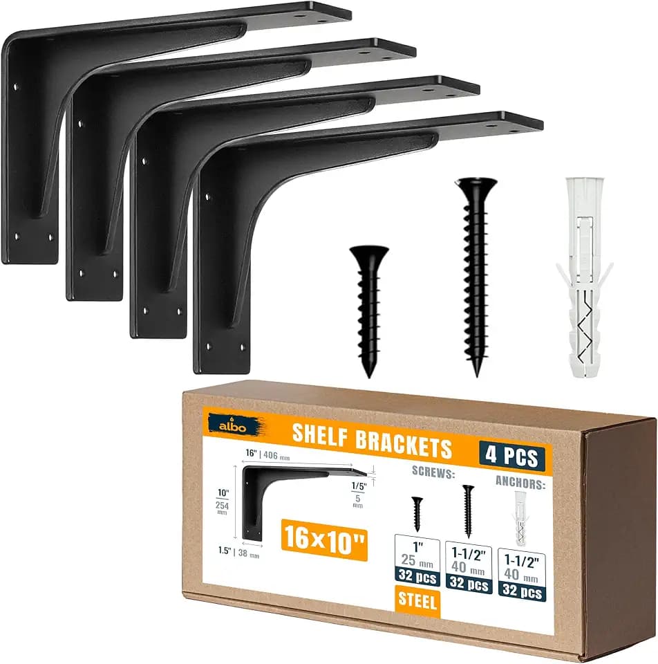 ALBO 16x10 Inch Shelf Brackets, 4 Pack Heavy Duty Steel L Brackets in Black