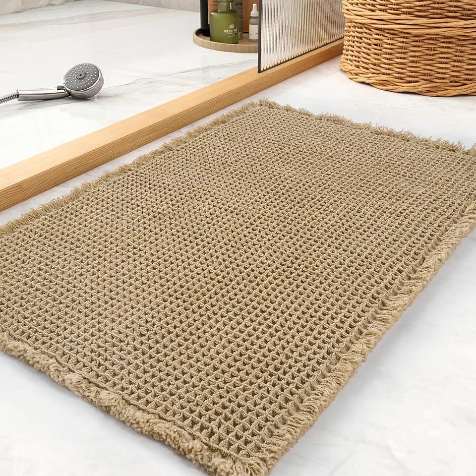 Waffle Bath Mat, Super Absorbent Non Slip Bath Mat Ultra Soft Bathmat Machine Washable Bath Rugs with Tassels, Beside Tub, 20" x 32", Brown