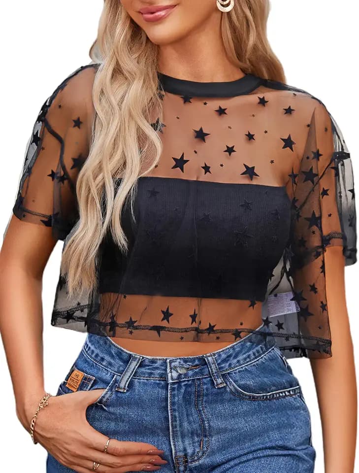 Avidlove Women's Mesh Tops See Through Shirts Short Sleeve Printed Crop Top