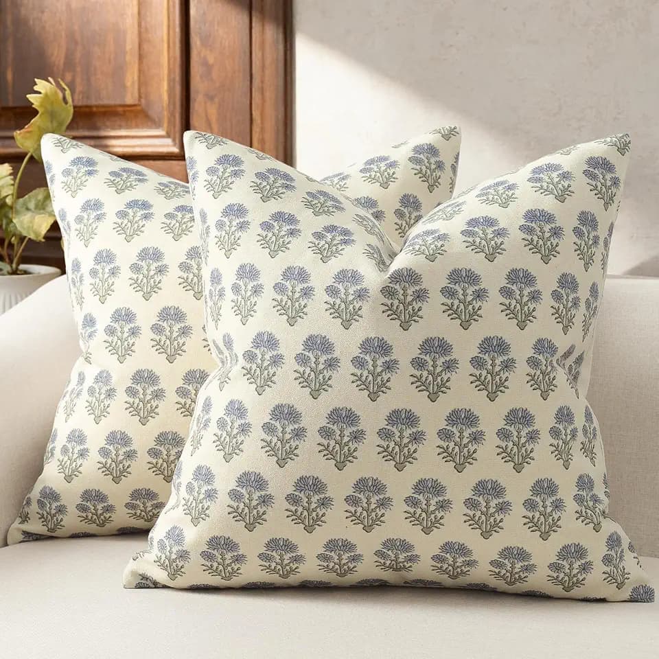 Farmhouse Floral Pillow Covers 20x20 Set of 2, Country Botanical Throw Pillow Cover for Sofa Couch Bed Living Room, Rustic Vintage Flower Cushion Covers Cottage Home Decor,Dusty Blue