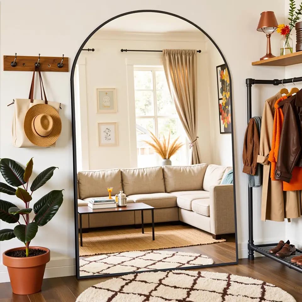 Oversized Floor Mirror, 82"x44" Arched Full Length Mirror, Black