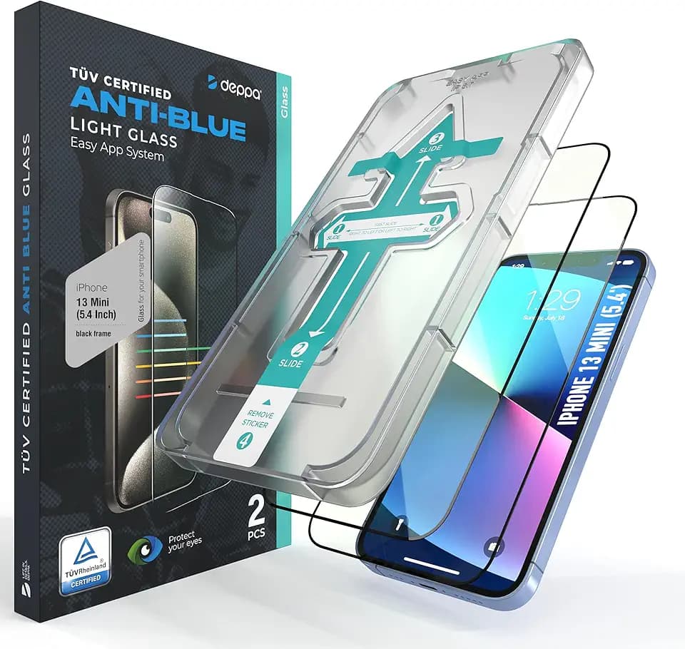 Deppa |2 Stück| für iPhone 13 Mini (5.4') Augenschutz Zertifizierter Blaulichtfilter mit Schablone | Stoßfest | Vollständige Abdeckung | Blasenfreie