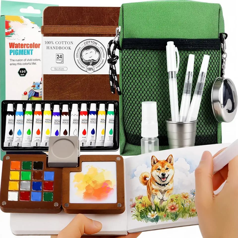 Mini Watercolor Travel Set, All-in-One 12-Color Travel Kit with Palette, Crossbody Bag, Paint Water Cup, Journal, Pocket Set for Artists