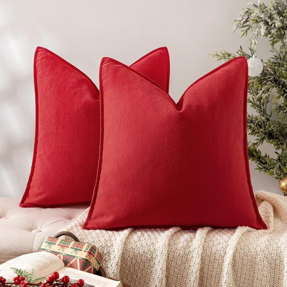 MIULEE Pack of 2 Christmas Red Decorative Chenille Pillow Covers 18x18 Inch