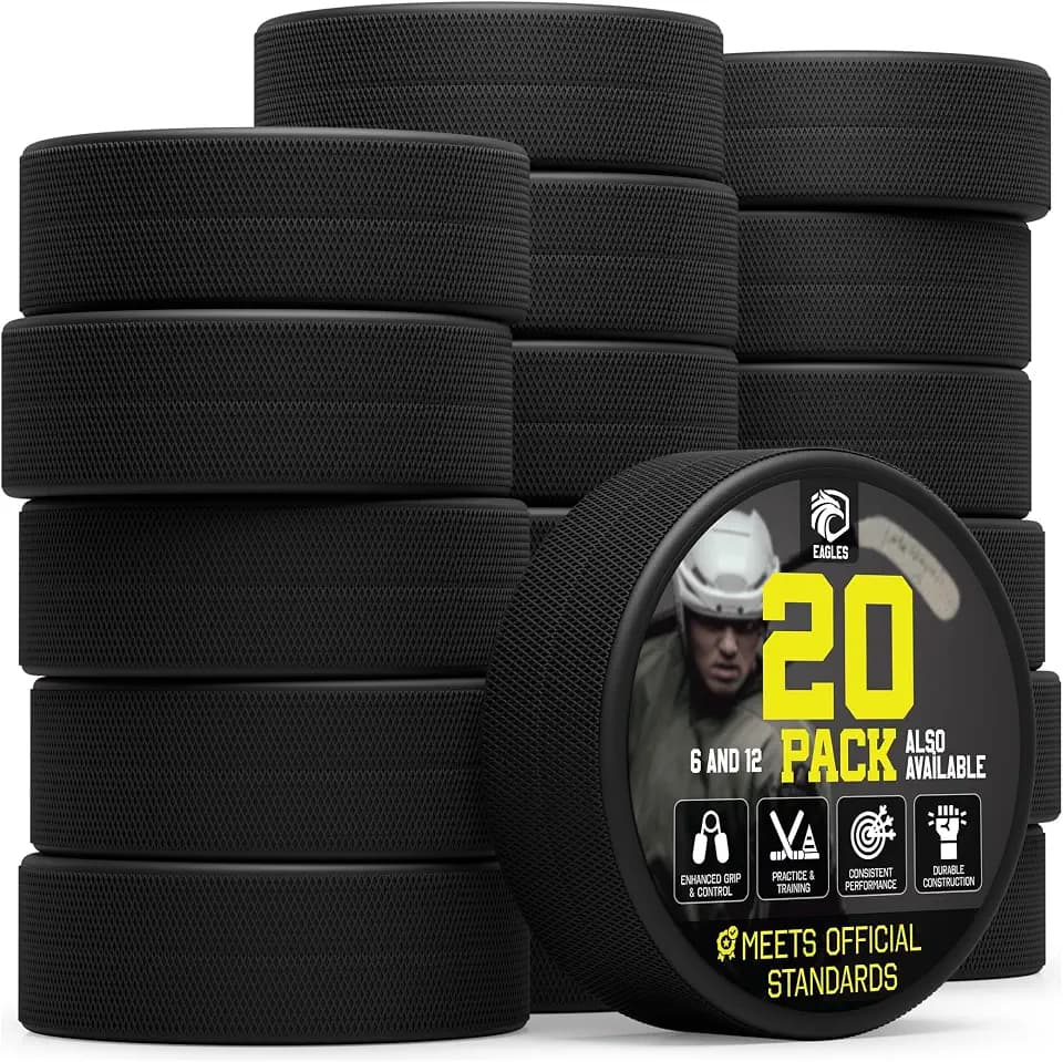 EAGLES Ice Hockey Pucks 1, 2, 3, 6 or 50 Pack | High Grade Pucks Official Regulation Weight & Size for Practice & Classic Training - 6 oz Diameter 3" Thickness 1" Black Hockey Puck Roller Hockey