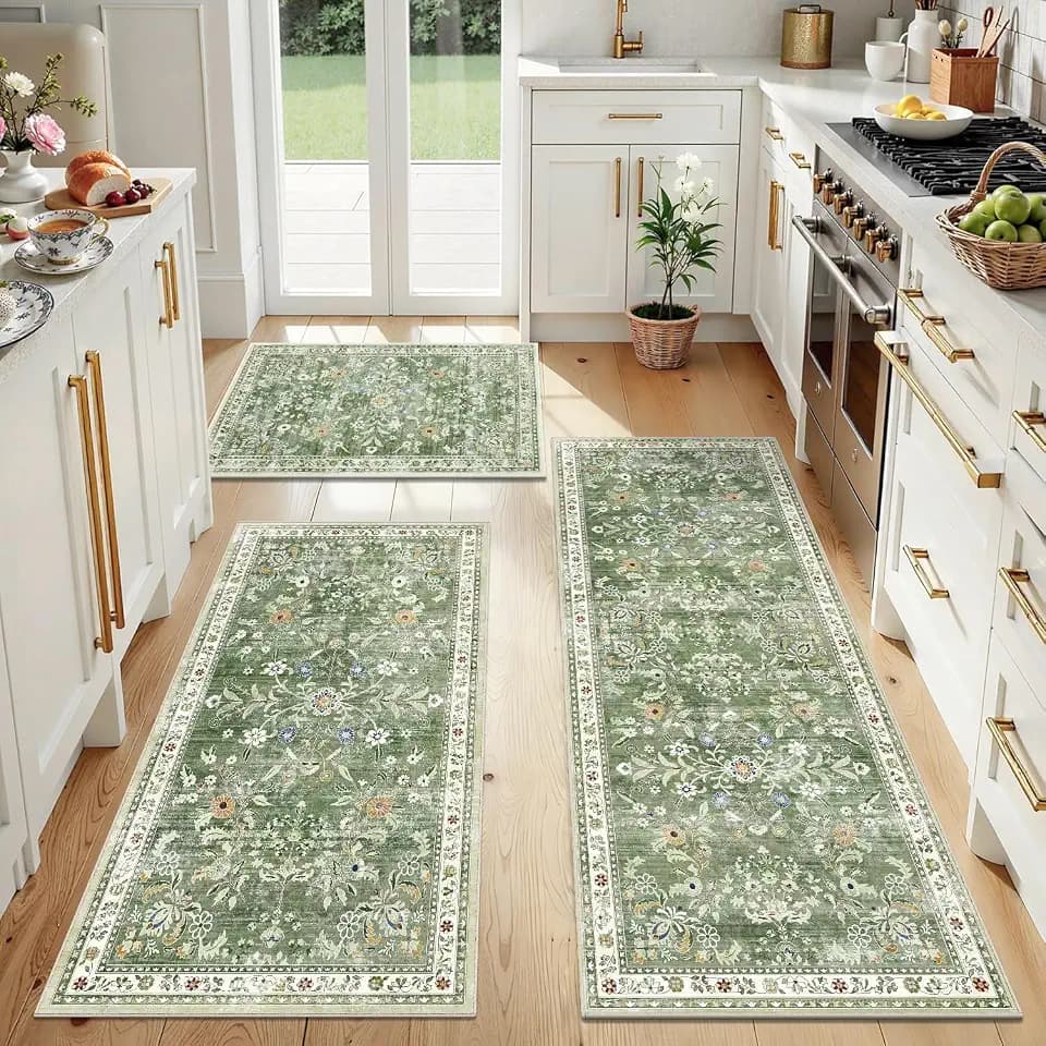 Yamaziot 2x3+2x4+2x5Ft Washable Kitchen Rug Set of 3 Non Slip, Sage Green