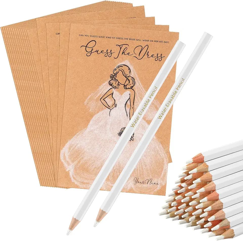 Fulmoon 50 Packs Guess the Dress Bridal Shower Game Cards Pencils,Brown