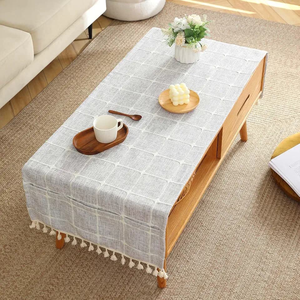 SIELUNO Coffee Table Cover, Rustic Farmhouse Rectangle Table Cloth Cotton Linen Waterproof with Pockets and Tassel for Living Room Decoration - Grey Small Plaids - 20x60 Inch