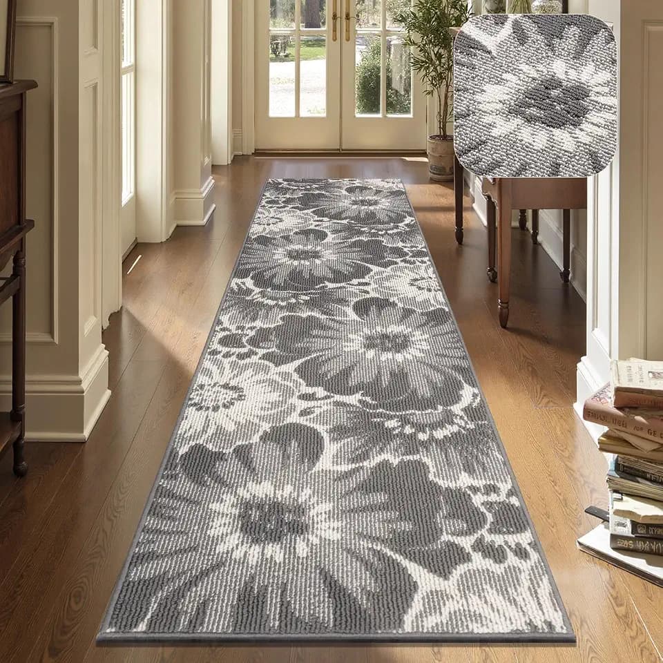 Findosom Hallway Runner Rug 2x8, Non Slip High-Low Textured Floral Washable Runner Rug with Rubber Backing, Boho Carpet Runner for Kitchen, Entryway, Bedroom, Laundry, Gray