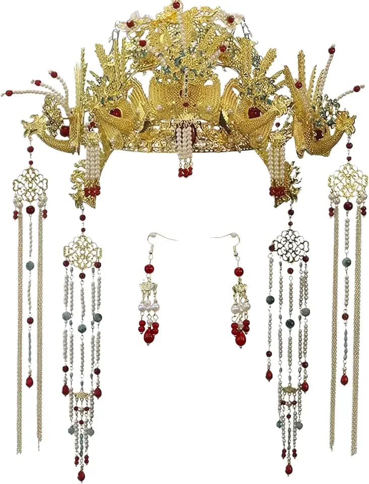 Chinese Wedding Bride Hair Accessory Chinese Crown Wedding Hair Accessories Golden Flower Floral Beaded Flapper Headband Jeweled Bridal Wedding Tiara
