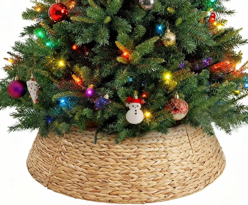 Sweetcrispy 36-inch Christmas Tree Collar for 8-11ft Trees, Woven Hyacinth Rattan 4-Panel Collar w/Cord Access Hole & Easy Lock Design, Handwoven, Natural