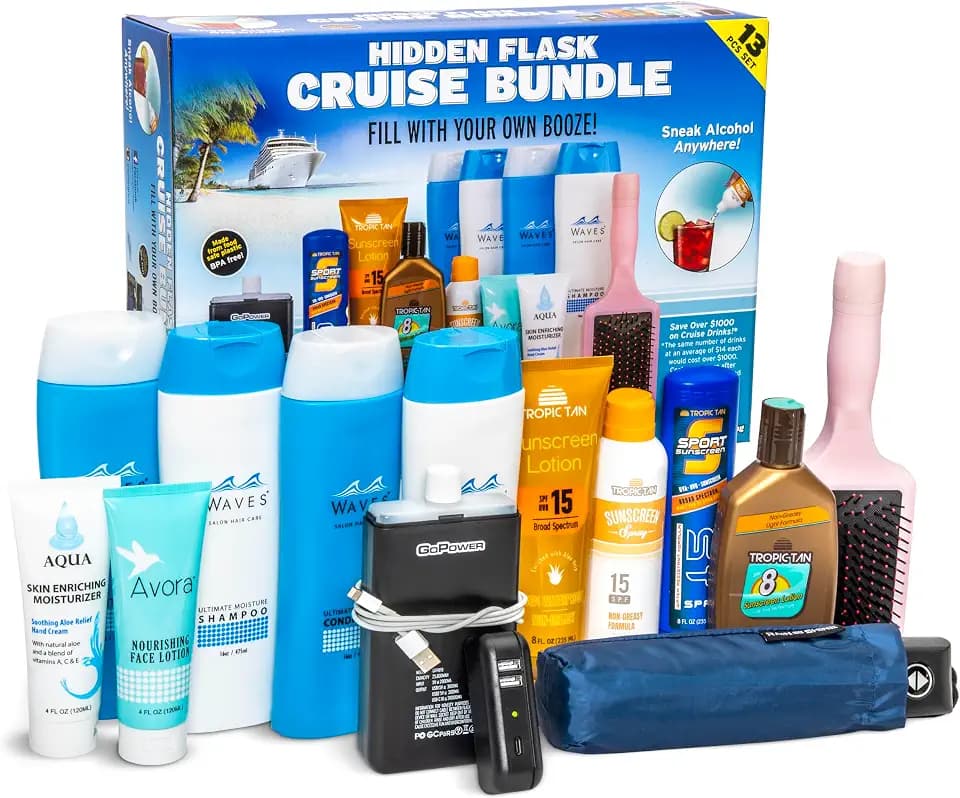 GoPong Cruise Bundle Hidden Alcohol Travel Flasks (132 oz Total) - Set of 13 Secret Liquor Containers for Beaches, Cruises, and Sports Events – Includes Funnel & Spout