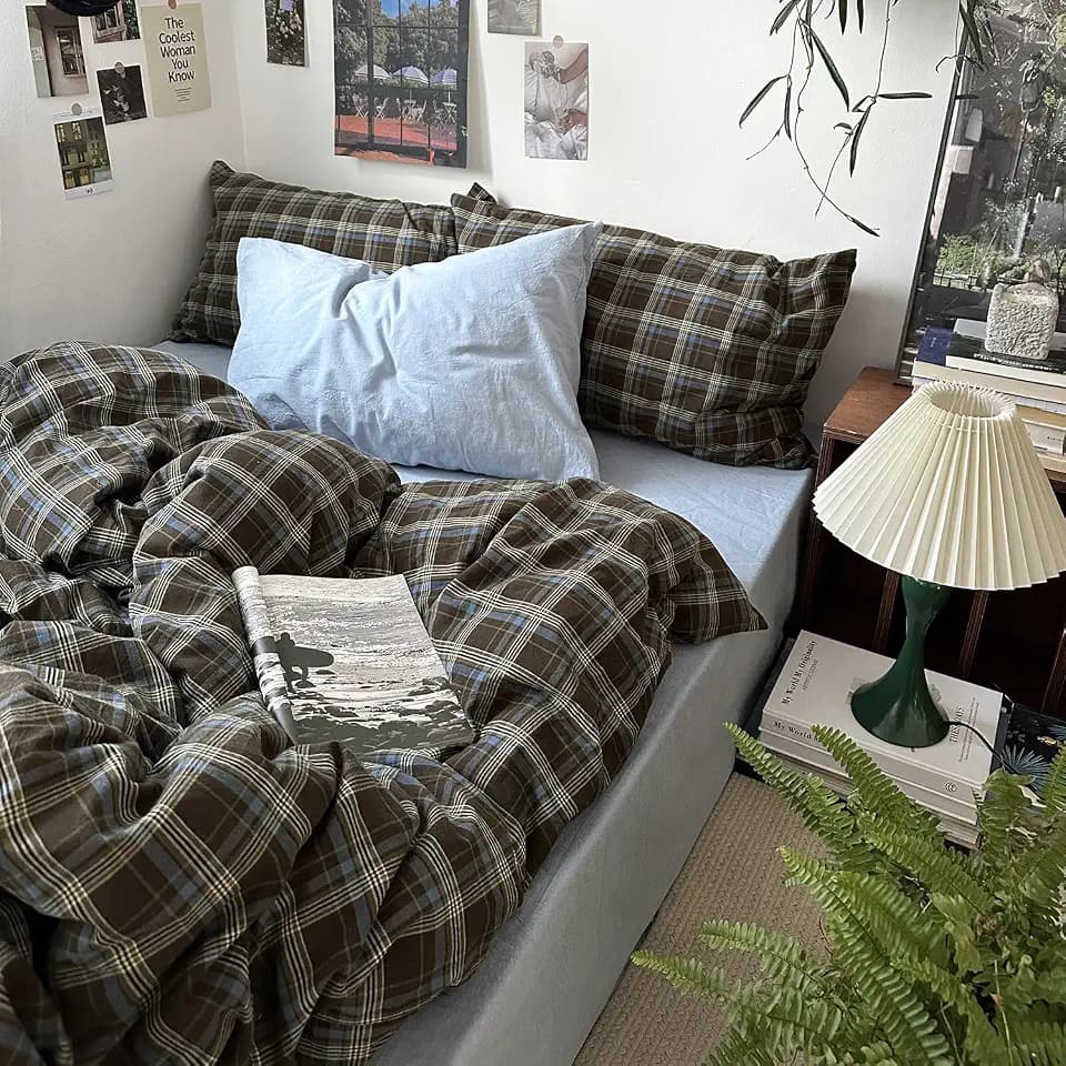 MKXI King Size Blue, Brown & Green Buffalo Plaid Duvet Cover Set - 3 Piece Vintage Aesthetic Bedding Set, 100% Washed Cotton, Minimalist Design, Soft & Breathable Duvet Cover with Zipper Closure