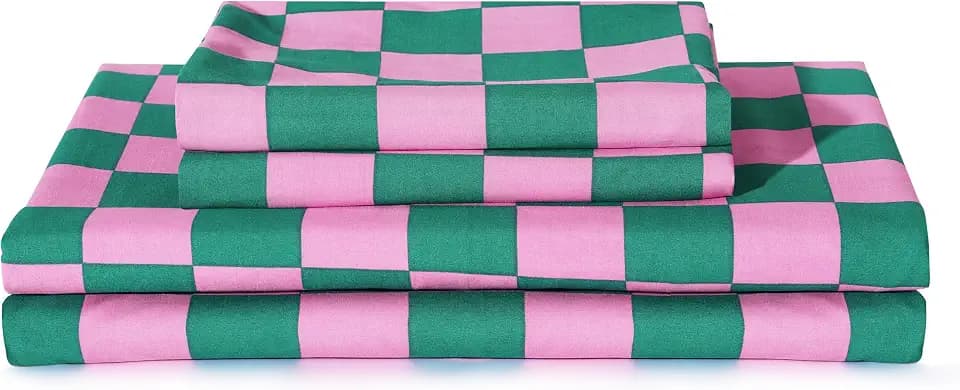 Best Season Bed Sheet Set 3 Pieces -Twin Size-Soft Durable Microfiber Bedding Sheet Set,Deep Pocket,Stain,Fade & Wrinkle Resistant (Plaid Pink&Green)