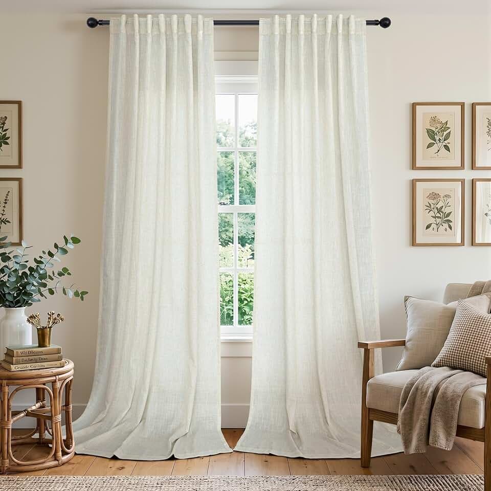 Back Tab Linen Curtains 94 Inches Long 2 Panels Set for Living Room Light Filtering Canvas Cloth Textured Linen Drapes Ivory Cream Sheer Curtains for Patio Door Doorway Playroom Picture Window 42 Wide