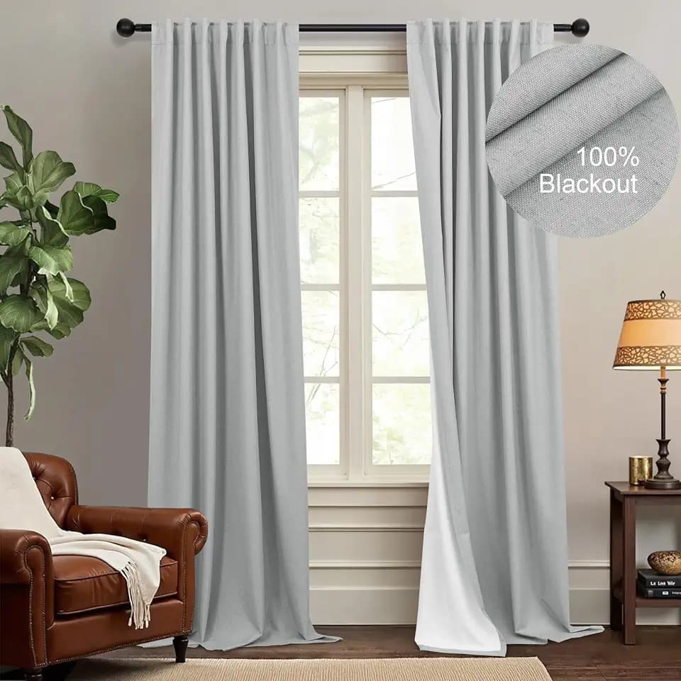 Elegant Light Grey 100% Black Out Curtains 96 Inch Length 2 Panel for Living Room Darkening White Back Tab Thermal Insulated Long Drape Complete Blackout Linen Textured Curtain for Bedroom Dove Gray