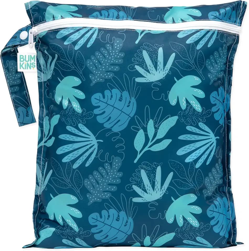 Bumkins Waterproof Wet Bag, Washable, Reusable for Travel, Beach, Pool, Stroller, Diapers, Dirty Gym Clothes, Wet Swimsuits, Toiletries, 12x14 – Blue Tropic