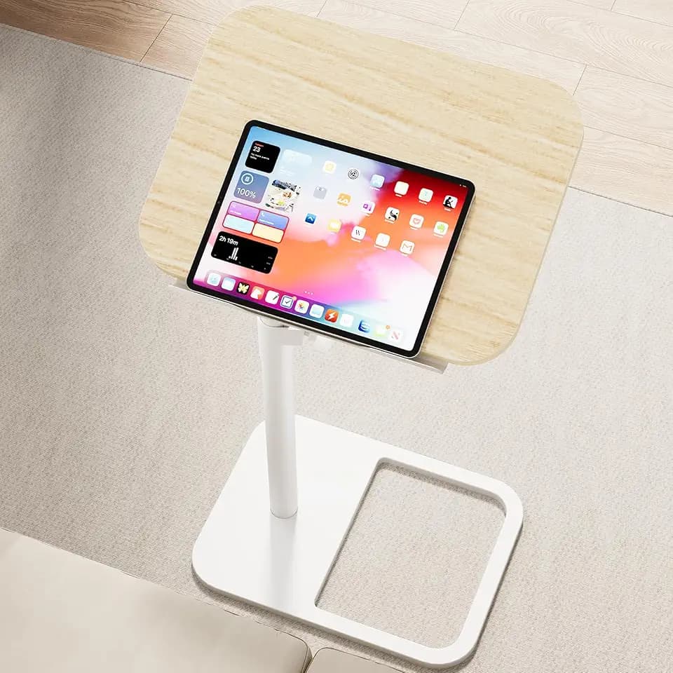 GOYLSER TV Tray Table for Couch, Height Adjustable/360° Swivel/180° Flip-Over Panel Design C-Shaped End Table, Sofa End Side Table with Phone & Tablet Slot for Eating, Laptop, Couch (Natural)