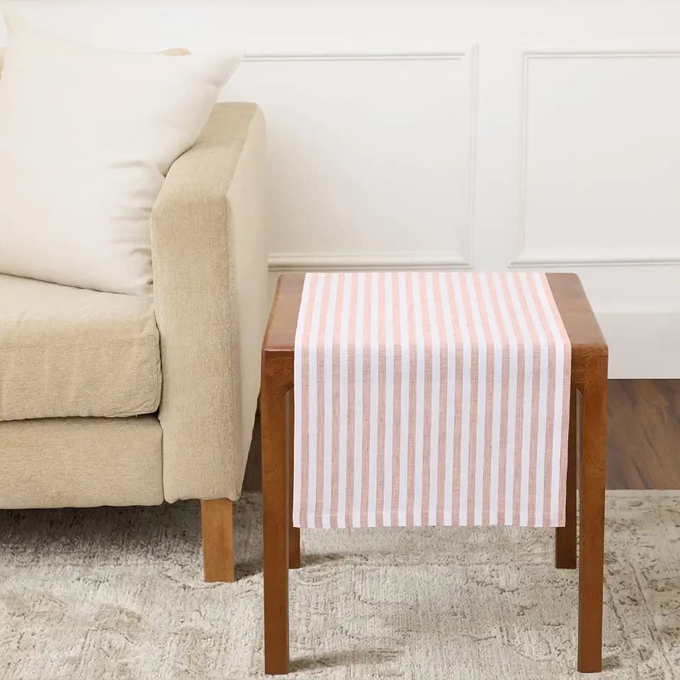Solino Home 100% Linen Table Runner, 14 x 36 in, Coral and White Striped