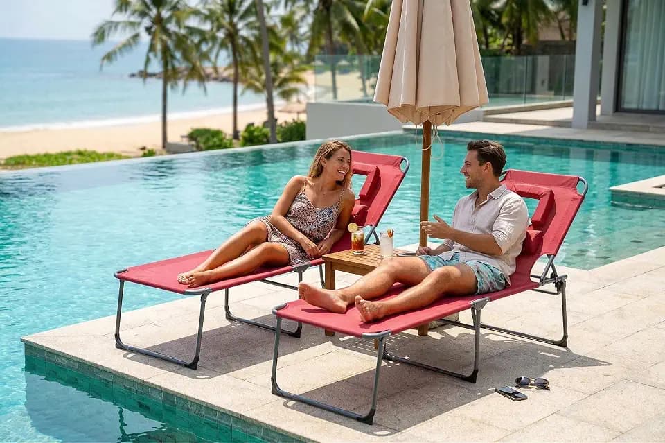 OUTLANE Tanning Chair with Face Hole, Foldable Beach Lounge Chair, 5-Level Adjustable Backrest, Face-Down Chaise Lounge with Pillow & Side Pocket, Portable for Poolside, Patio, Backyard, Beach, Red