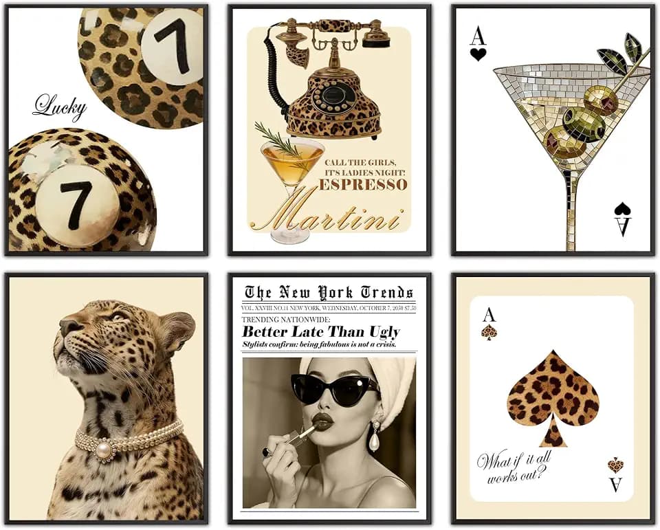 GMCDFHRQ Modern Neutral Stockholm Room Decor Wall Art, Luxury Aesthetic Posters, Fashion Editorial Leopard Typography Wall Decor for Bedroom Apartment Dorm, 8x10 Inch, Set of 6, Unframed (030)