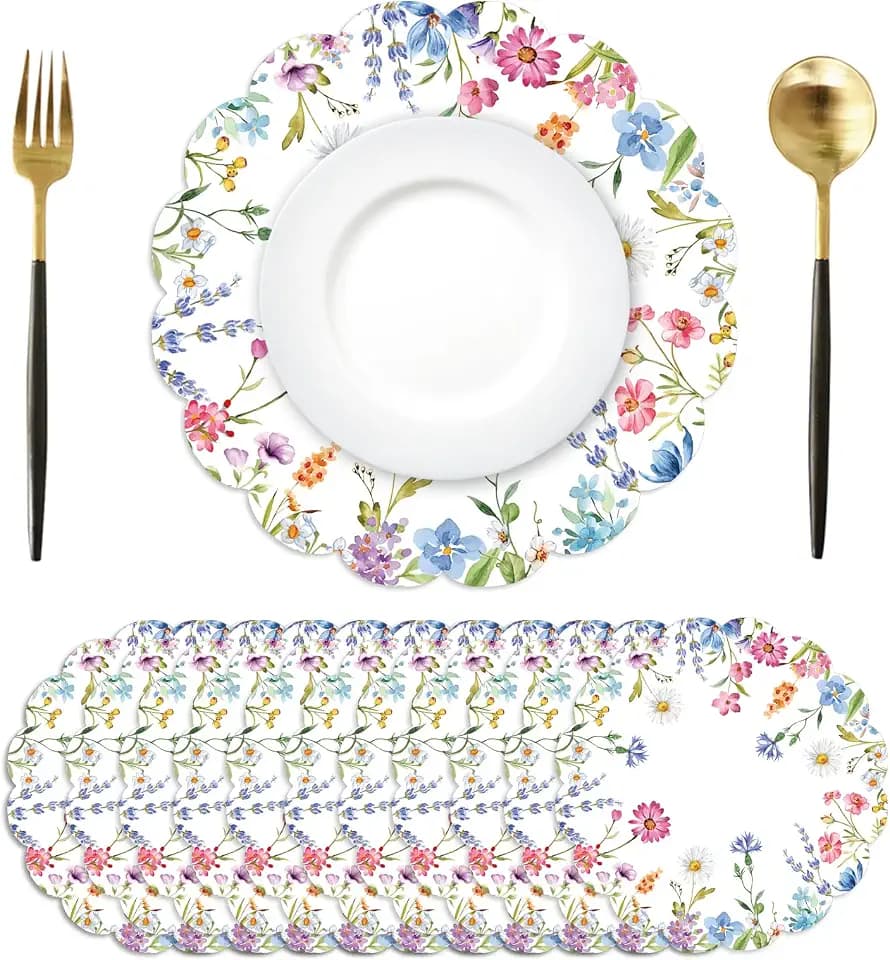 50Pcs Floral Round Paper Placemats,13.4 Inch Wildflower Disposable Place Mats Summer Scalloped Table Mats for Kitchen Dining Birthday Banquet Wedding Party Supplies