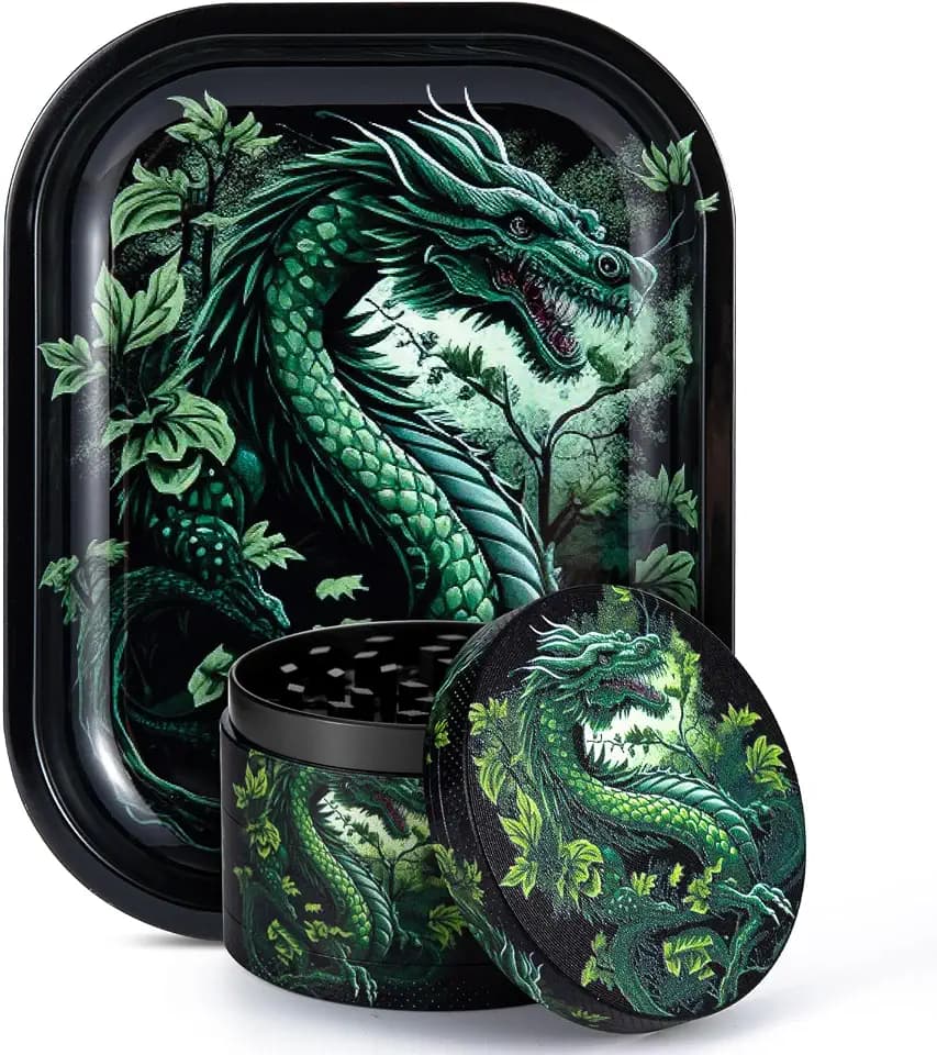 2.5-inch premium zinc alloy pepper grinder set, 4-layer spice grinder with magnetic lid, thickened metal rolling tray (7.1 x 5.5 inches), dragon pattern combination gift set.
