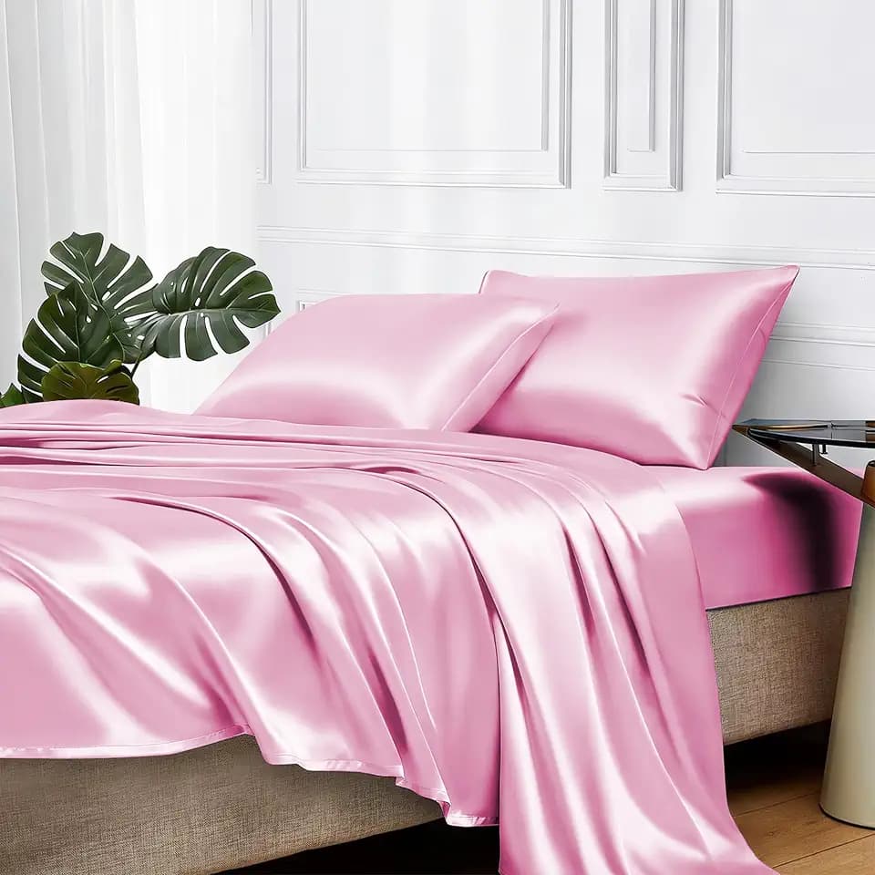 MR&HM Satin Sheets King Size with Elastic Corner Straps, Pink