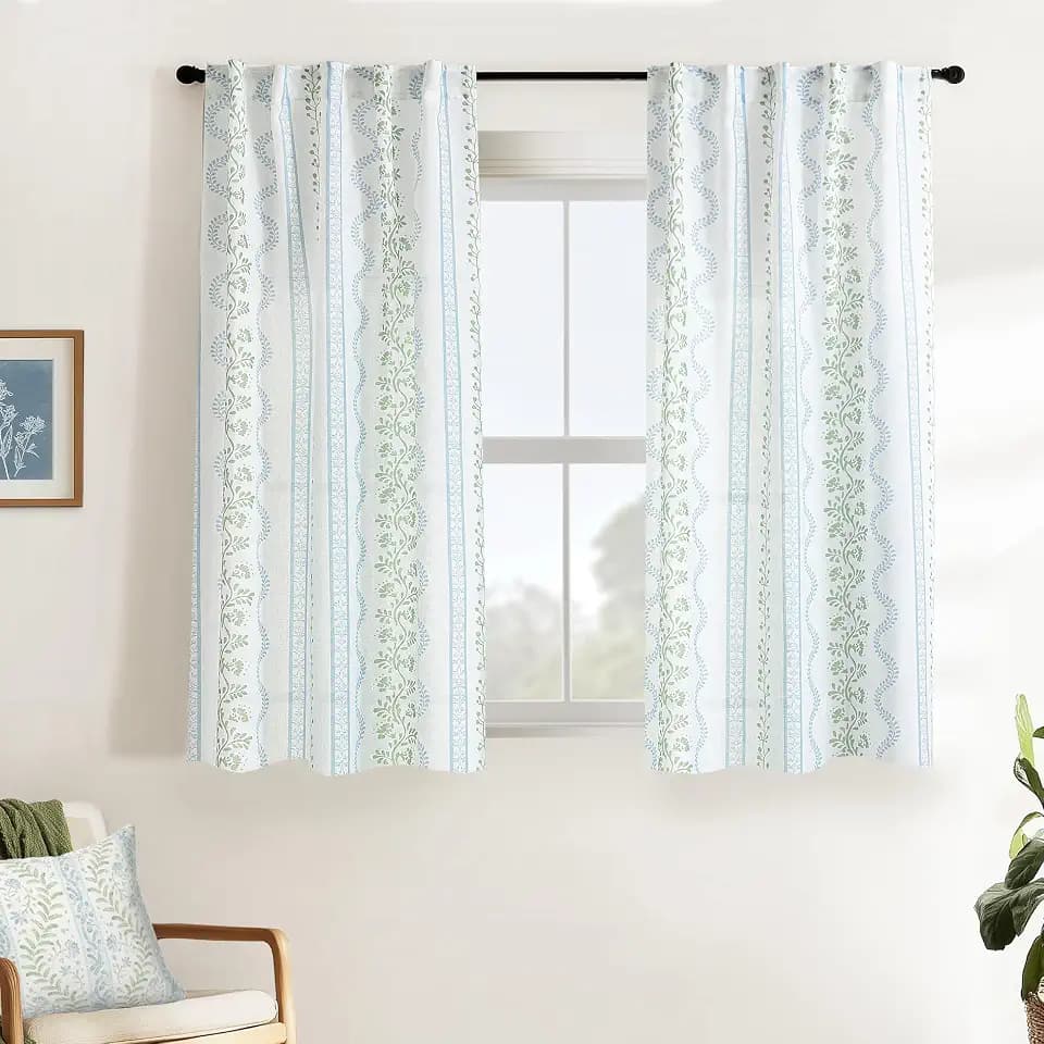 Lino Rosa Short Floral Curtains for Bathroom Window, 45 Inch Length Blue Green Vintage French Country Cottage Core Sheer Drapes, Coastal Farmhouse Linen Pattern Window Panels for Bedroom Kitchen