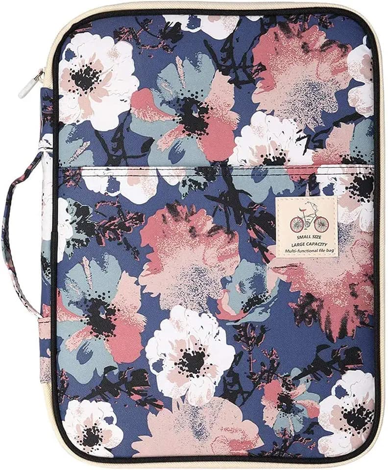 JAKAGO Travel Portfolio Organizer Waterproof A4 Document Bag Multifunctional Travel Note Pouch Zippered Case for Notebook, Ipad, Journals, Sketch Books (Flower)