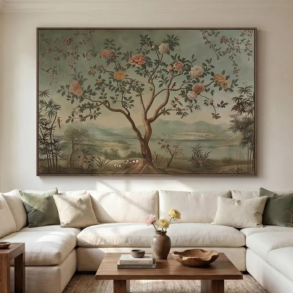 Oversized Framed Vintage Chinoiserie Landscape Living Room Wall Art, 72x48