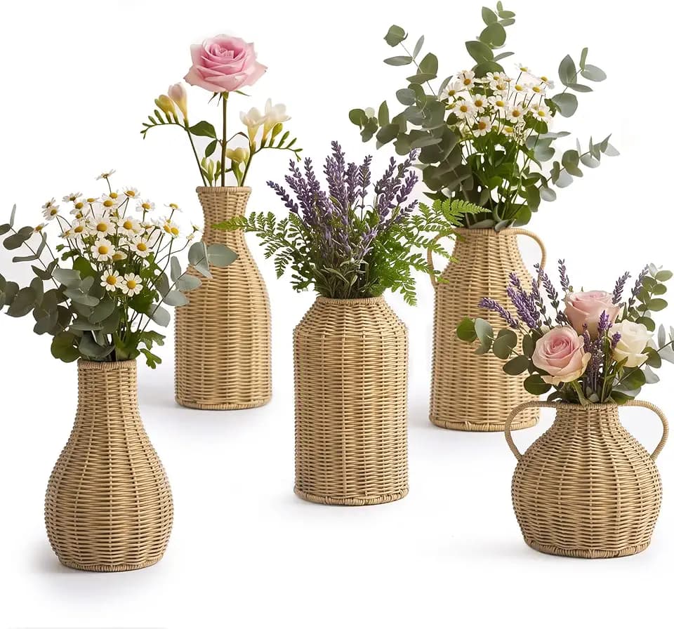 5 Set Faux Rattan Vases, Wicker Flower Vase Set for Farmhouse Decor