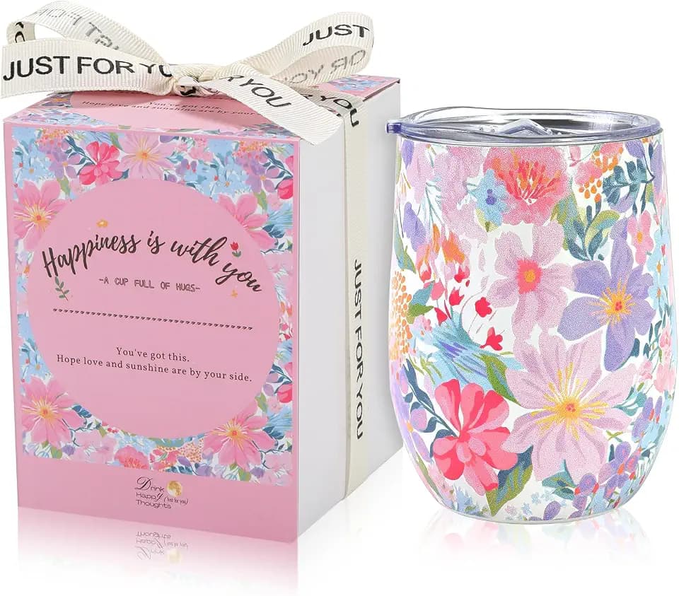 12oz Floral Insulated Wine Tumbler with Lid, Small Birthday Gift for Women