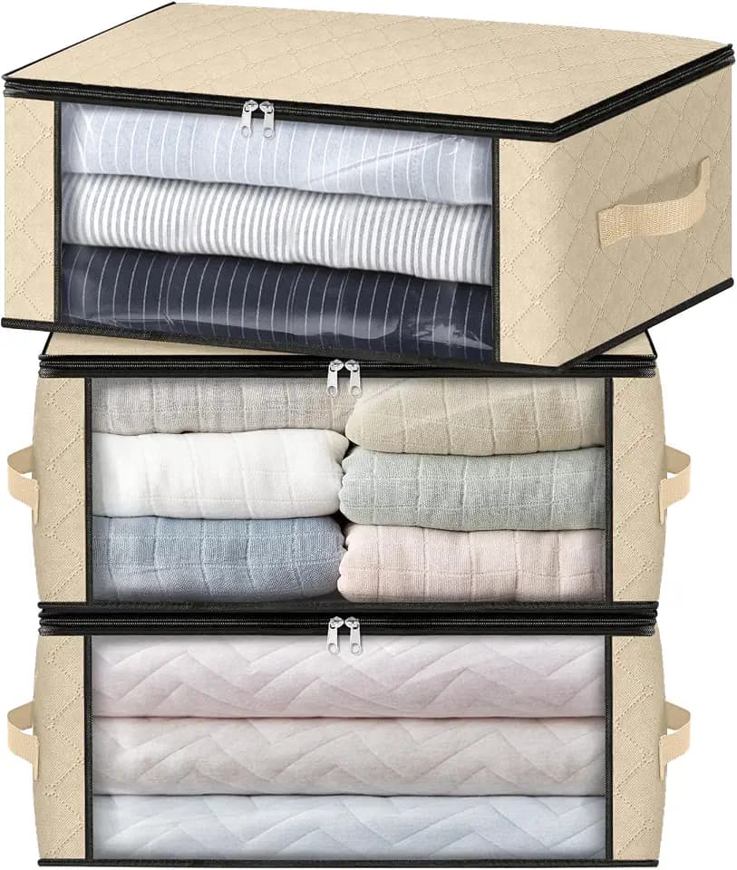 HomeHacks 3-Pack Clothes Organizer Storage Bags, 35L Storage Bins, Beige