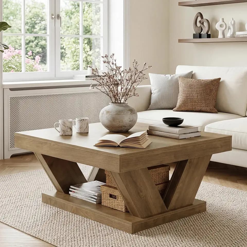 LITTLE TREE Coffee Table, Farmhouse Coffee Table with Large Storage Shelf, 2-Tier Rustic Wood Modern Center Table for Living Room, Home Office, Rustic Brown