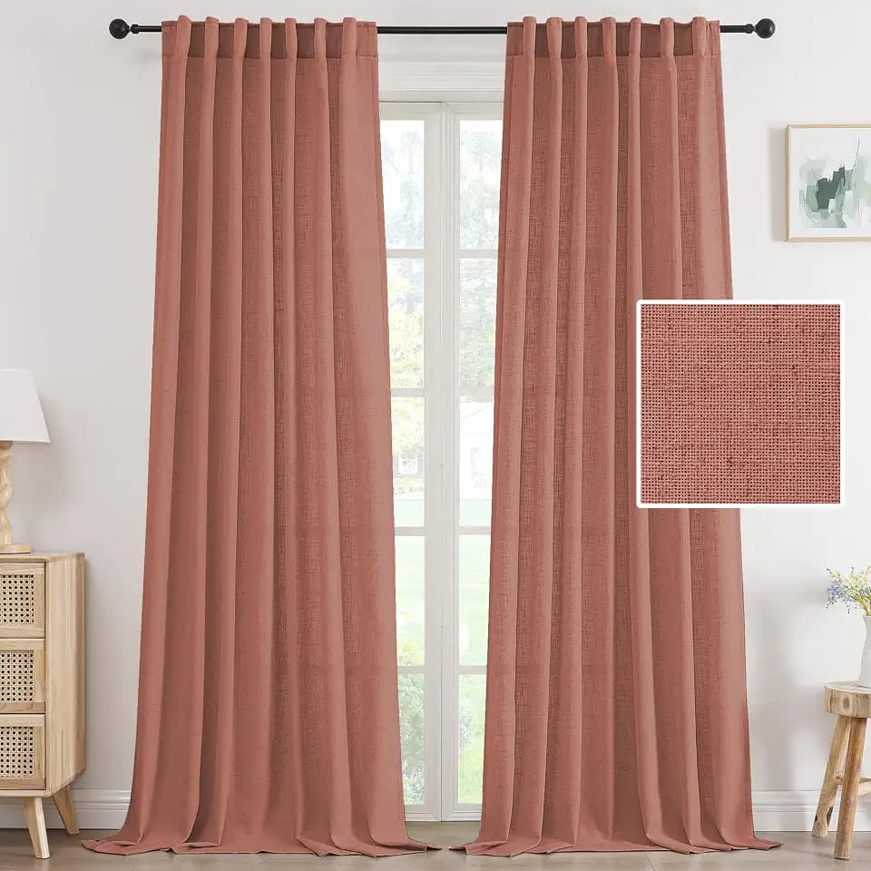 H.VERSAILTEX Semi Sheer Linen Curtains 96 Inch for Living Room, Orange Rust