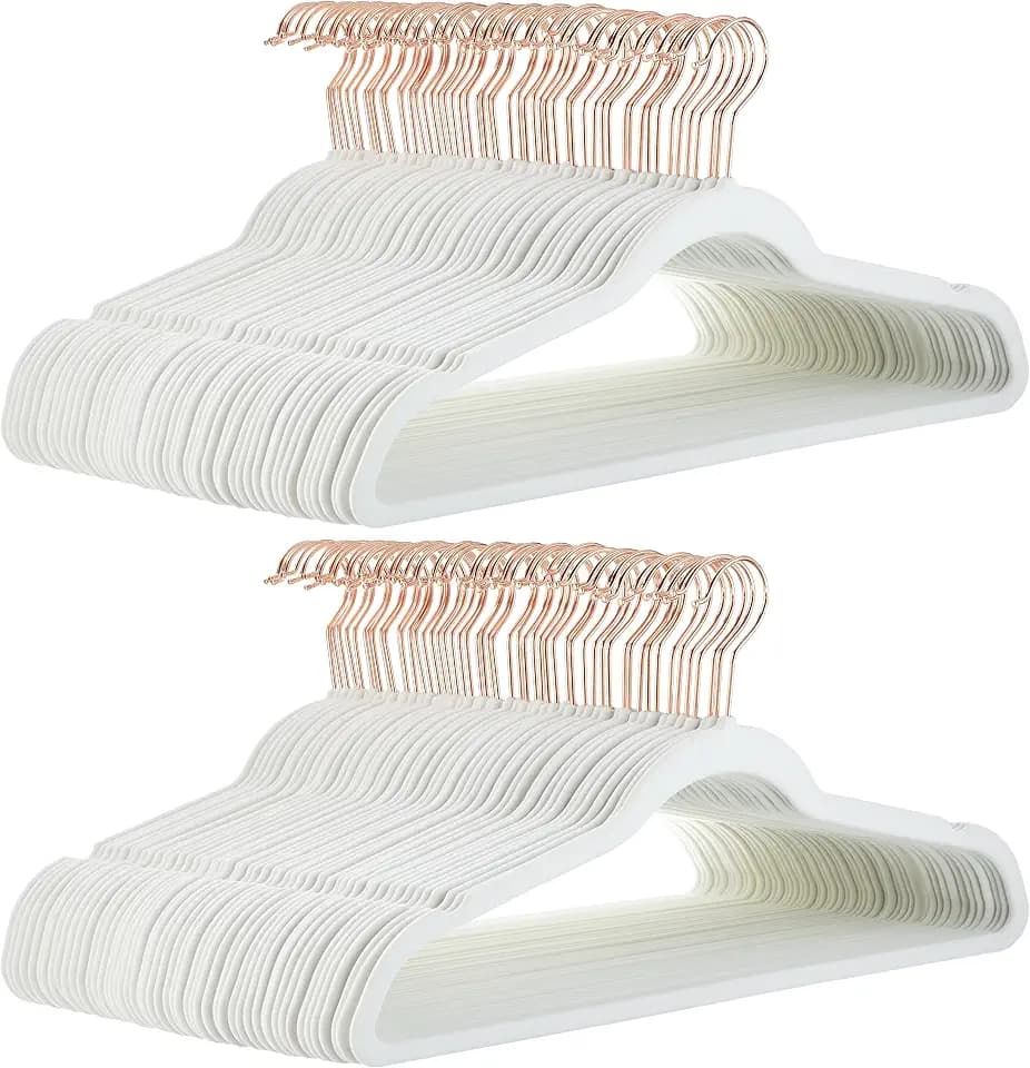 Amazon Basics Slim Velvet Non-Slip Space Saving Suit Clothes Hangers for Closet Organization, Ivory/Rose Gold, 100-Pack
