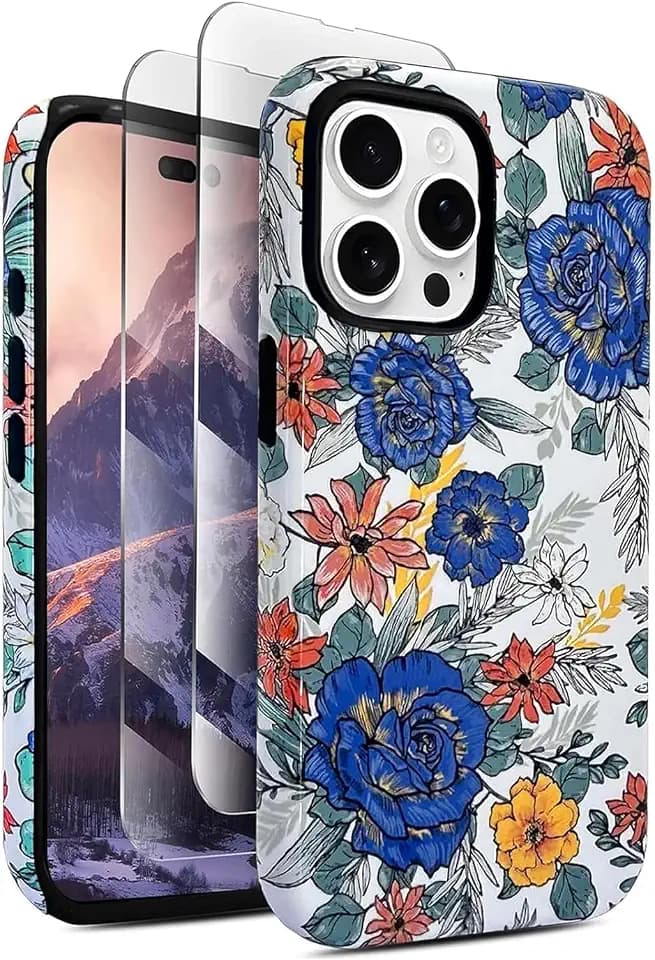 Compatible with iPhone 15 Pro Max Case 6.7" with 2 Pack Tempered Glass Screen Protectors Cute Vintage Floral Flowers Hybrid Cover for Girls Women Aesthetic Protective Phone Cases Blue Roses