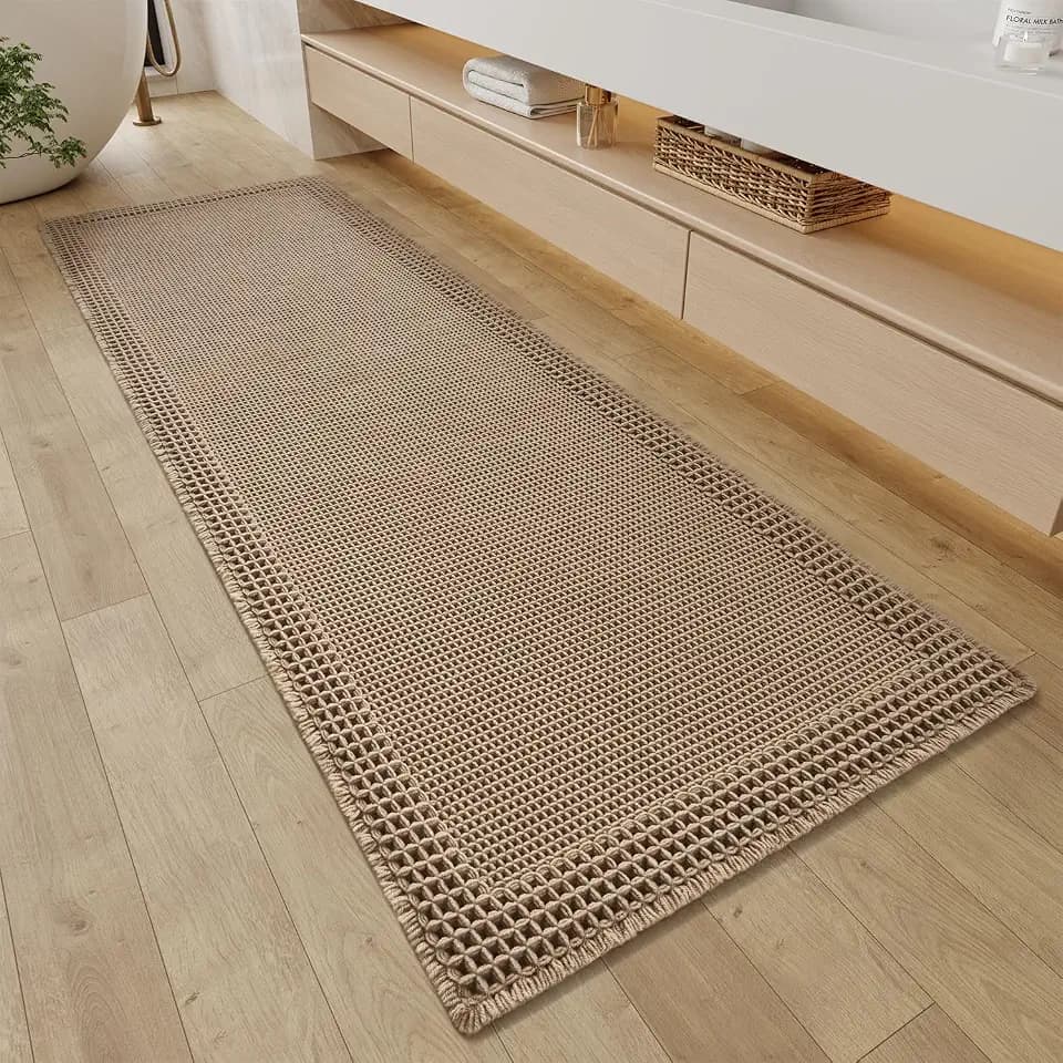 RESARE Waffle Bathroom Runner Rugs, Non Slip Boho Bath Mat 24"x72" Brown