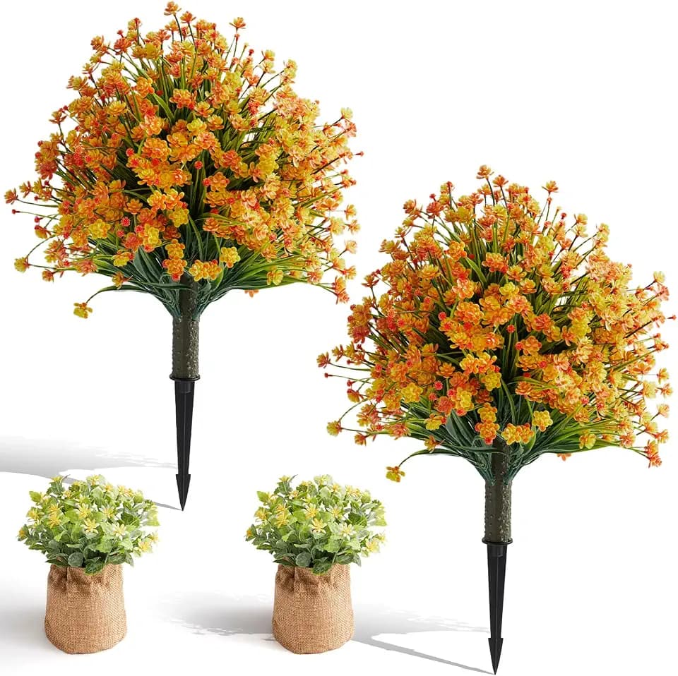 Set of 2 Artificial Monkey Grass & Yellow Flowers Topiary Balls, 22.6" UV-Resistant Faux Evergreen Shrubs with Ground Spikes — Festivel Outdoor and Indoor Décor Plants for Porch, Patio, and Garden