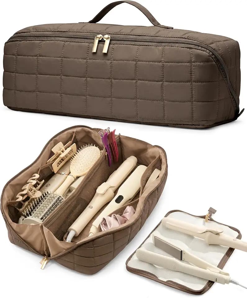 Hair Tools Travel Bag with Heat Resistant Mat, Taupe Brown