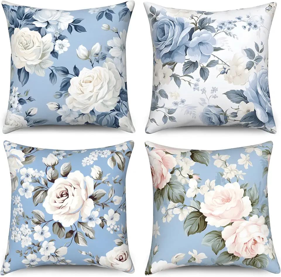 Blue Floral Throw Pillow Covers, Light Blue Flower Decorative Velvet Pillow case, Vintage Floral Pattern 4-Pack Double-Side Printed Pillowcases for Sofa Home Living Room, 18x18 in