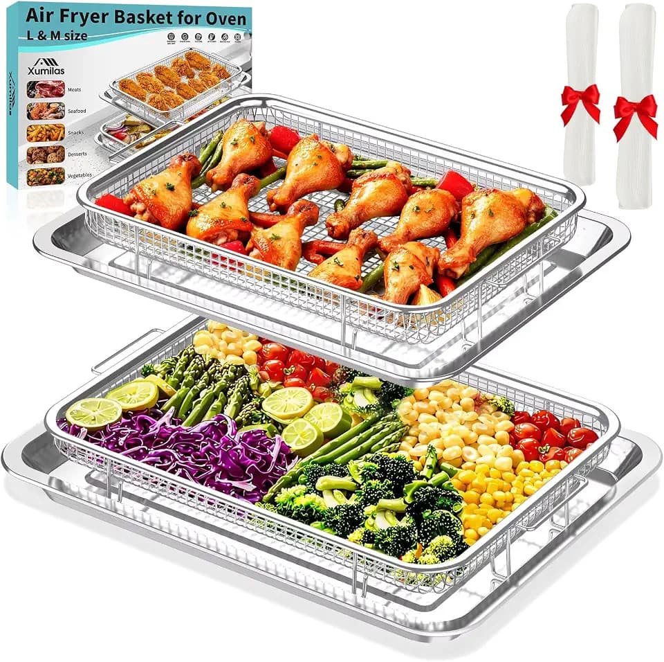 304 Stainless Steel Air Fryer Basket for Oven 2 Pack Crisper Tray Mesh Set