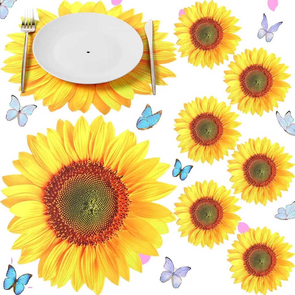 Remerry 6 Pcs Sunflower Placemats, Summer Table Mats Washable