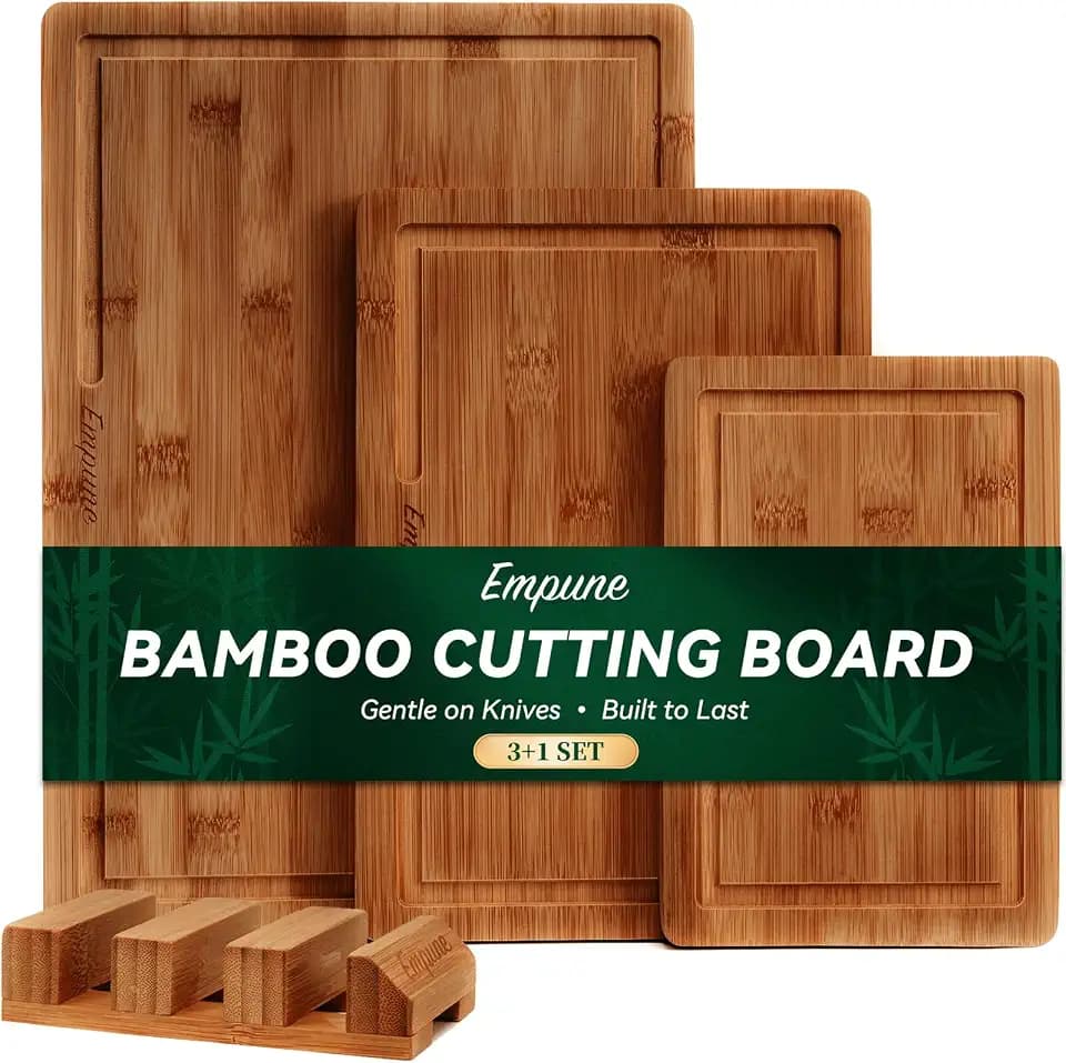 Empune Bamboo Cutting Boards for Kitchen, 3 Piece Extra Thick Cutting Board Set with Juice Groove, Deep Carbonized Bamboo Chopping Board, Reversible Wood Cutting Board for charcuterie boards, Brown