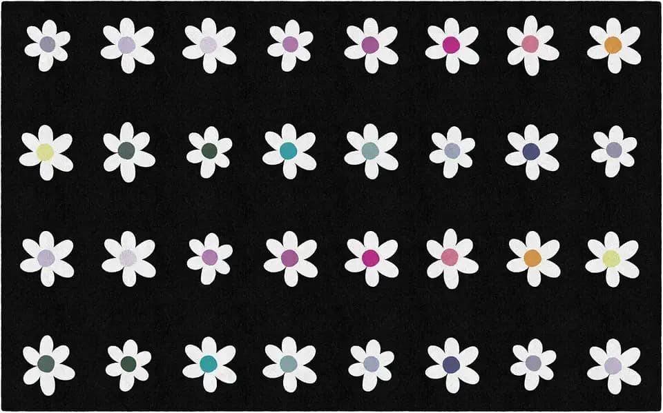 Flagship Carpets Daisies on Black Criss-Cross Applesauce Educational Area Rug for Kids Room, Children's Classroom, Play Carpet for Teaching and Playroom, 7'6" x 12', Seats 32